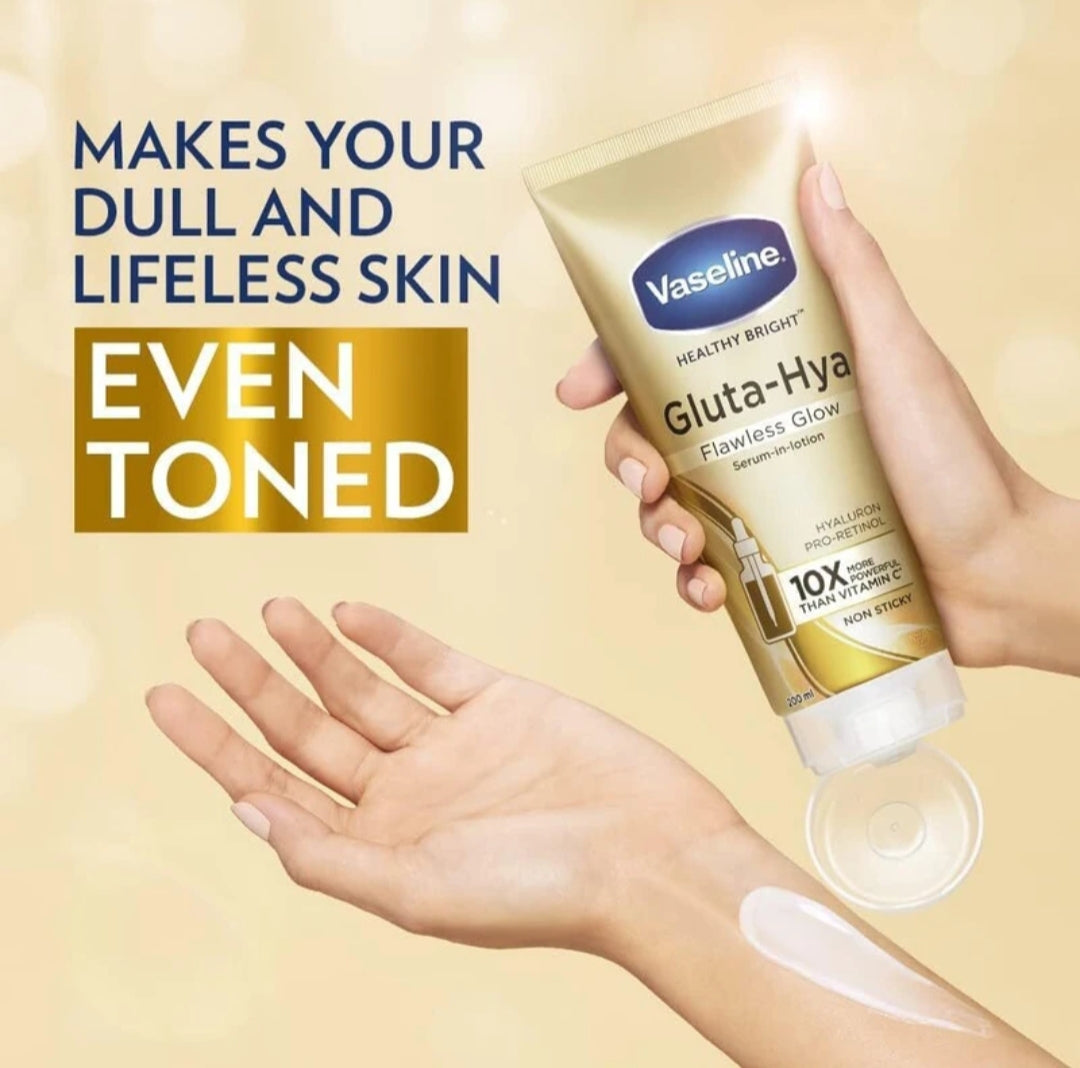 Lotions & Moisturizers- Vaseline Healthy Bright Non-sticky Gluta-Hya Flawless Glow Serum-in-Lotion which is 10X More Powerful than Vitamin-C and enriched with GlutaGlow, Hyaluron, and Pro-Retinol to help Nourish the Skin and Enhance a Flawless Glow - 70ml