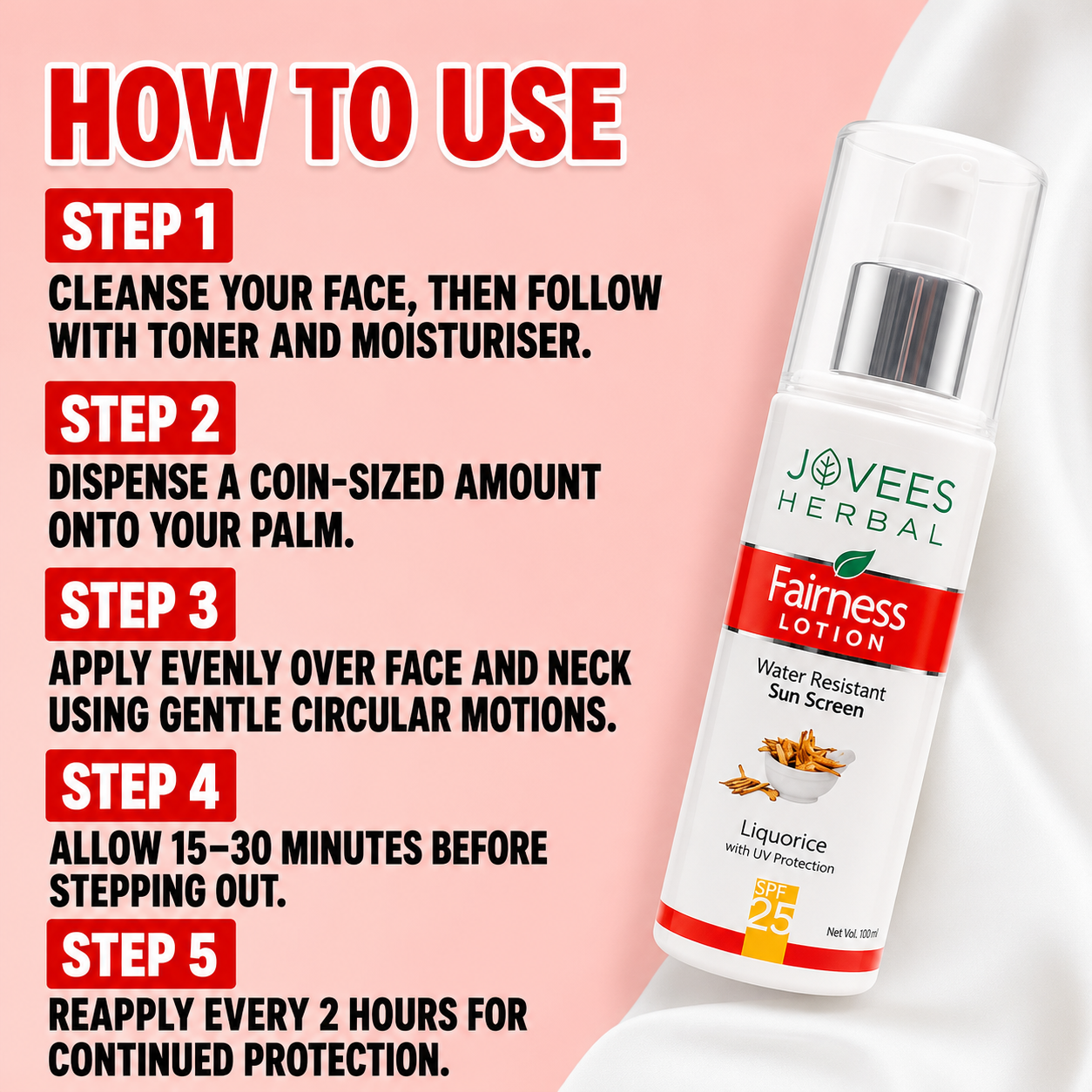 Sunscreen- JOVEES Herbal's Water Resistant Fairness SPF-25 (UV Protection) Sunscreen Lotion with the Skin Brightening benefit of Liquorice - 100ml