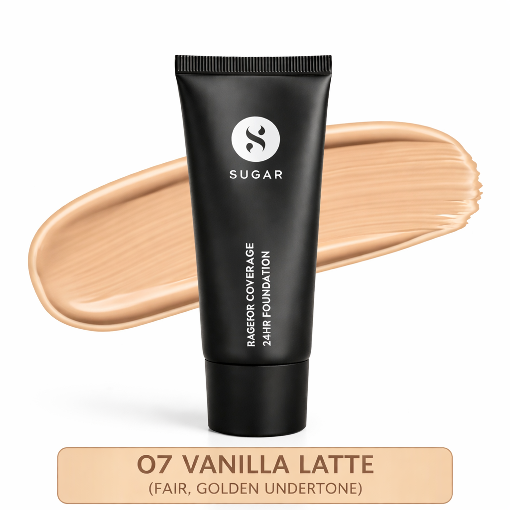 Makeup Foundation- SUGAR Rage For Coverage 24HR Full Coverage Matte Finish Foundation with Creamy Formula (07- Vanilla Latte) - 25ml
