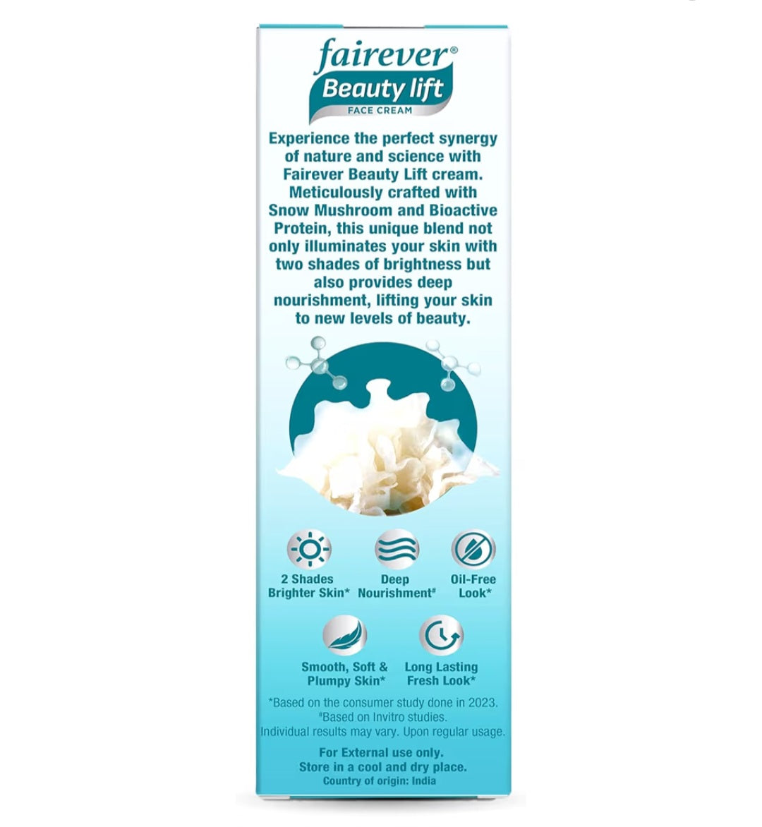 Brightening & Glowing Cream- Fairever Beauty Lift Face Cream enriched with Snow Mushroom & Bioactive Protein for 2 Shades Brighter Skin with Deep Nourishment - 50gm