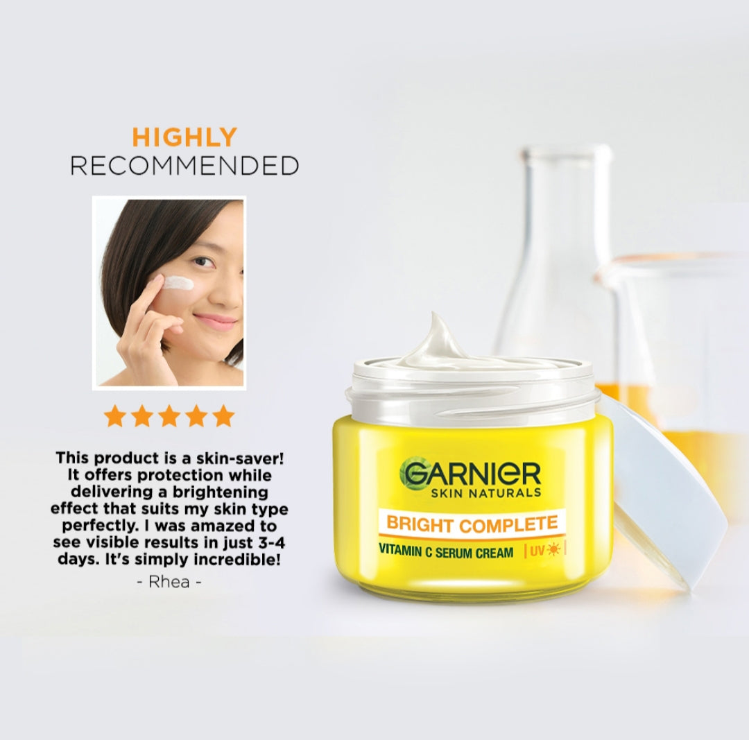 Brightening & Glowing Cream- Garnier's Bright Complete Vitamin-C Serum Cream with UV Protection which Brightens & Evens Skin Tone 23gm