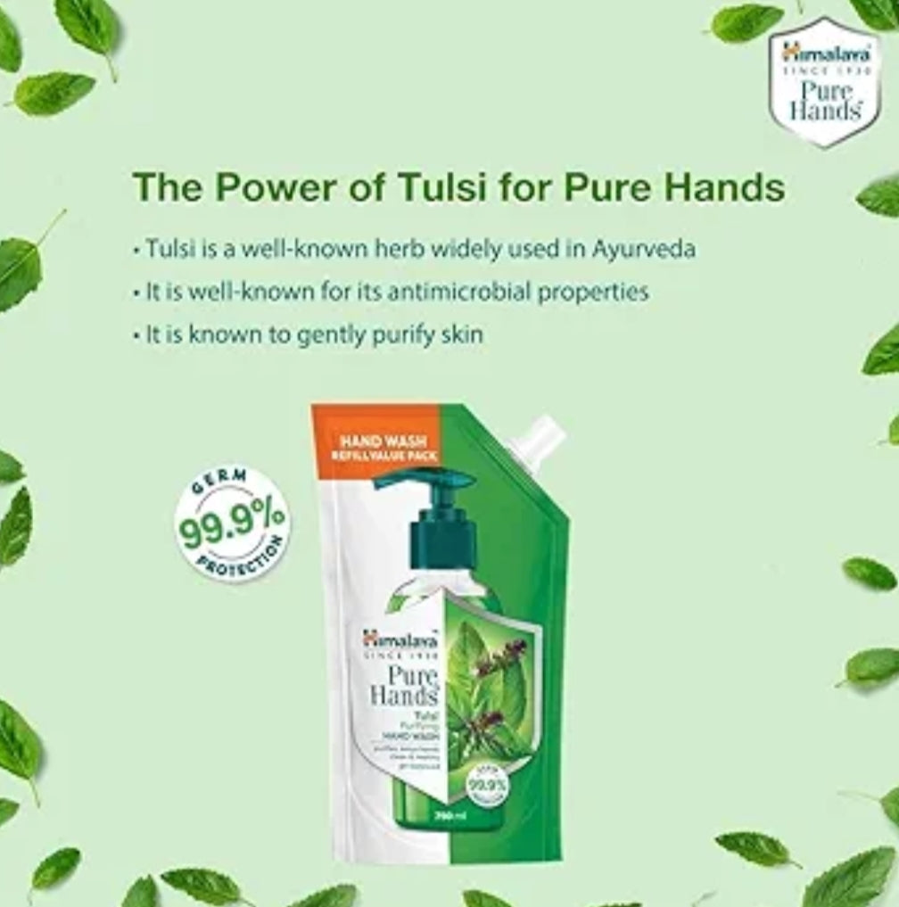 Hand Wash- Himalaya Pure Hands Tulsi Purifying PH Balanced Hand Wash which Purifies, Keeps Hands Clean & Healthy and gives Germ Protection upto 99.9% - Refill Value Pack 185ml