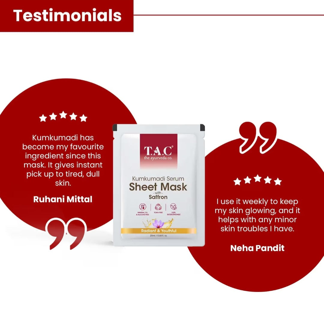Face Sheet Mask- TAC Ayurveda's Kumkumadi Serum Sheet Mask with Saffron for Radiant & Youthful Skin 22ml