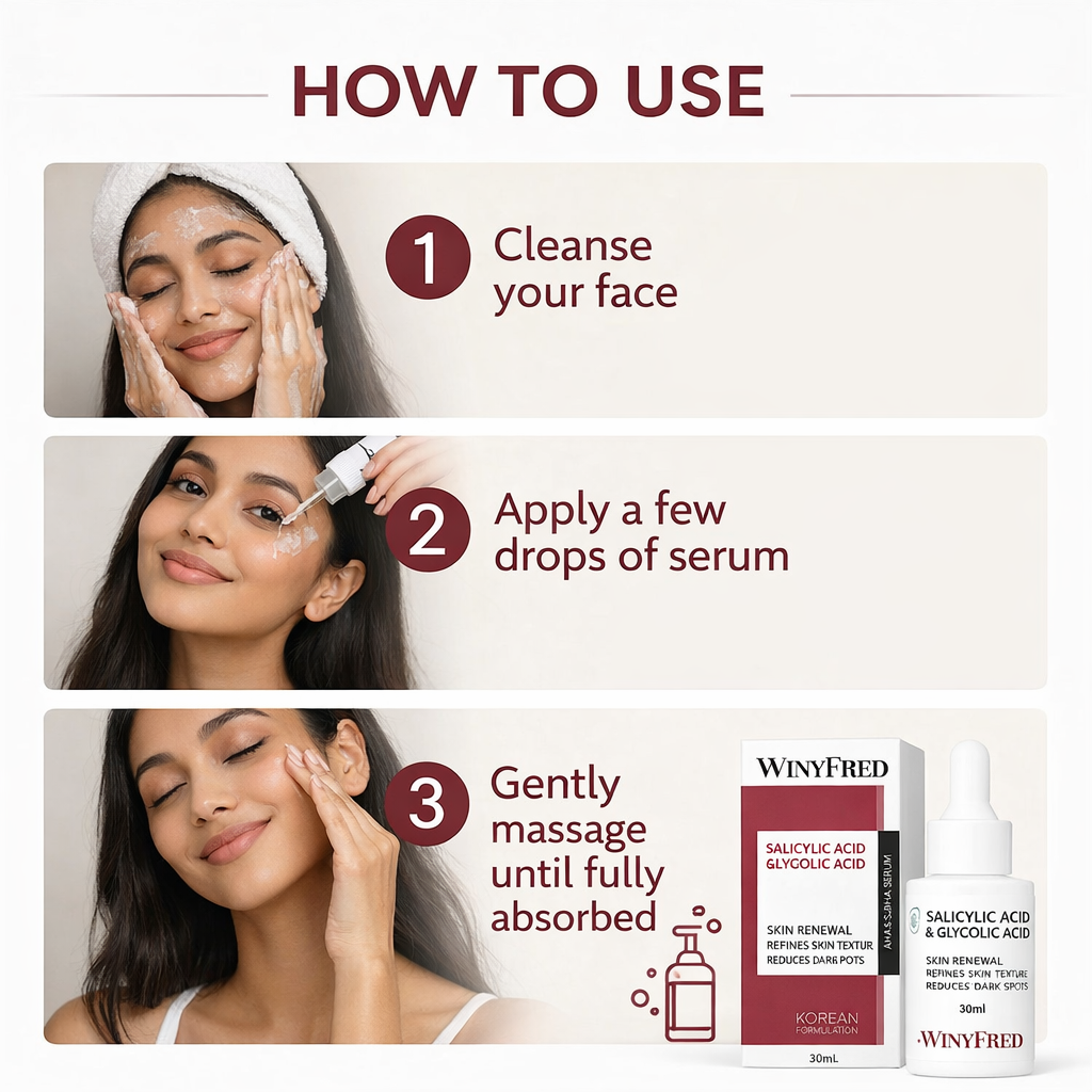 Face Serum- Winyfred Salicylic Acid, Glycolic Acid, AHA & BHA (Korean Formulation) Face Serum which is beneficial in Skin Renewal, Refining Skin Texture and Reducing Dark Spots - 30ml