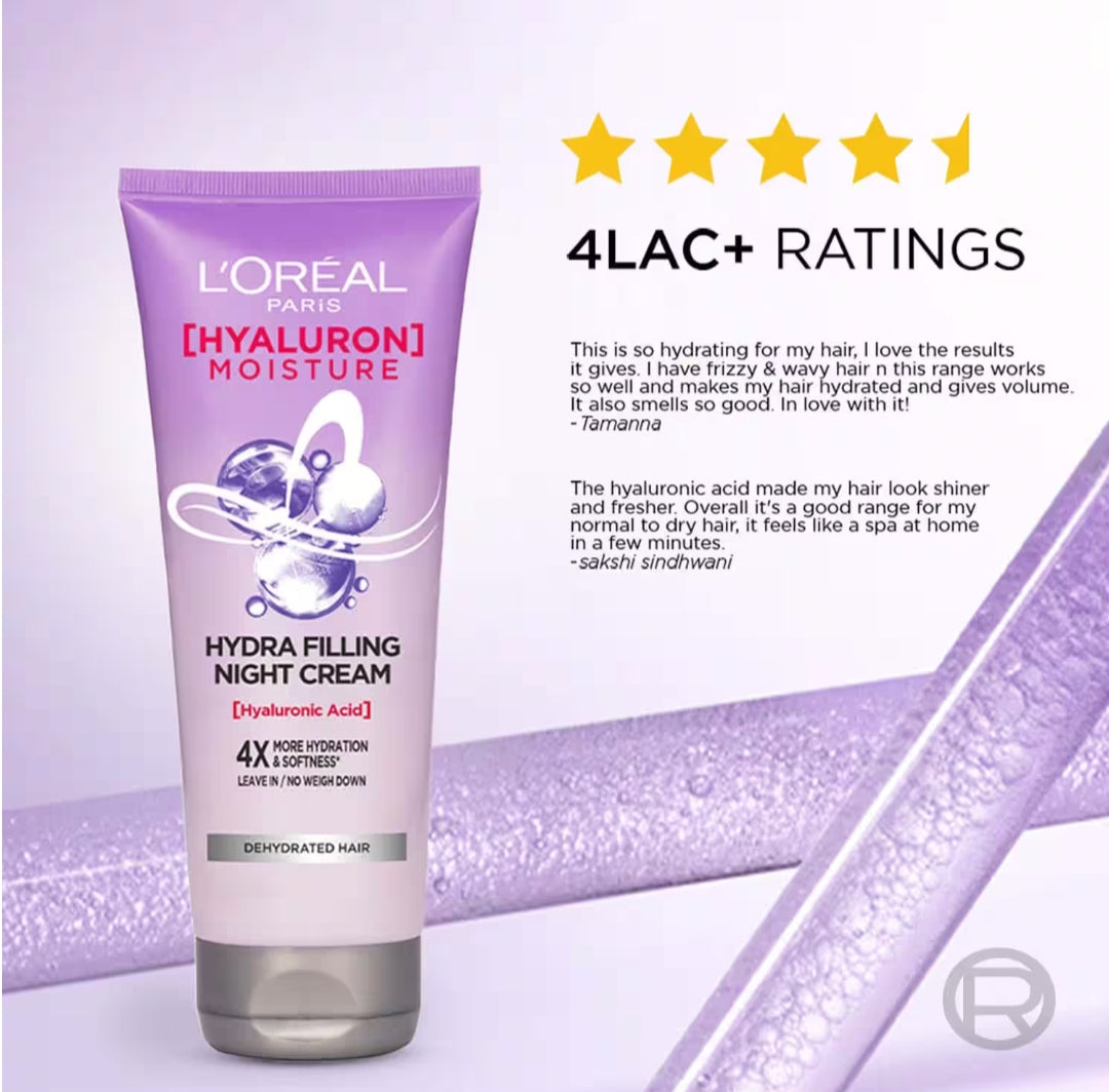 Hair Mask & Cream- L'Oreal Paris Hyaluron Moisture Hydra Filling Night Cream, Powered by Hyaluronic Acid, For Dry & Dehydrated Hair 180 ml