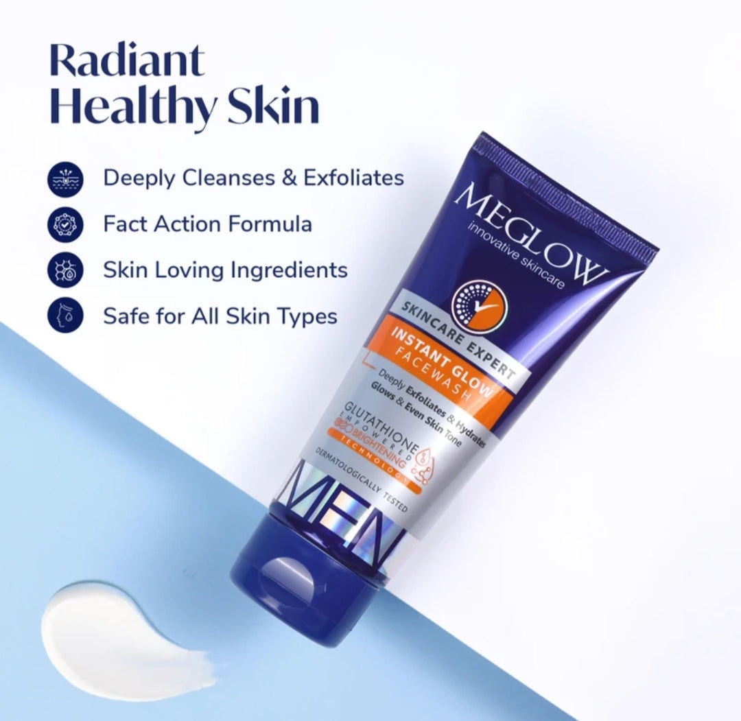 Face Wash- MEGLOW Instant Glow Skin Brightening Glutathione Empowered Face Wash for Men which Deeply Exfoliates & Hydrates 70gm