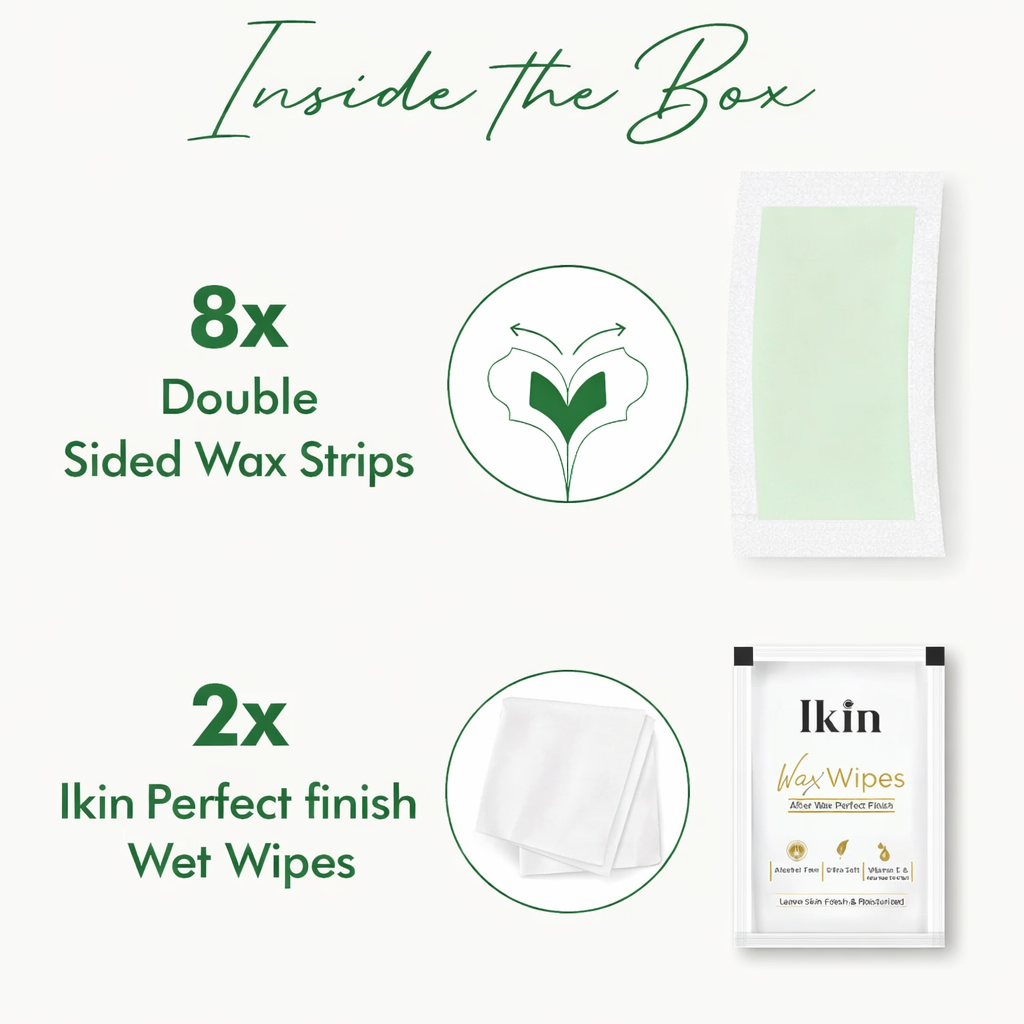 Wax Strips- Ikin Ready to Use Hair Removal Wax Strips with the goodness of Aloe Vera Extract- Pack of 8 Strips & 2 Perfect Finishing Wipes