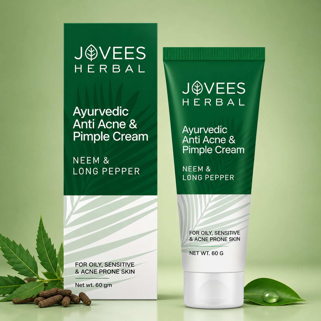 Face Treatment Cream- JOVEES Herbal's Ayurvedic Anti-Acne & Pimple Cream enriched with Neem & Long Pepper which Removes the Impurities and is suitable for Oily, Sensitive & Acne Prone Skin - 60gm