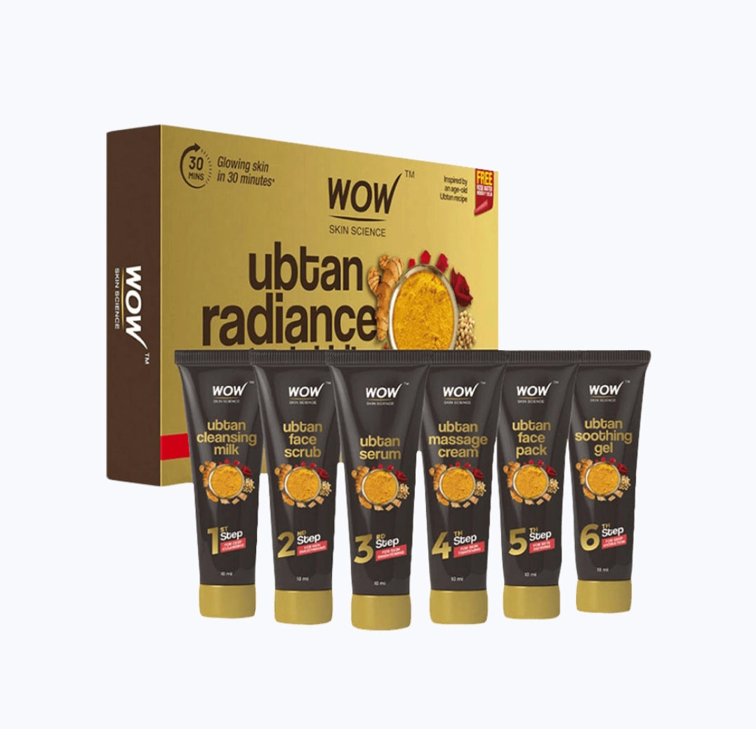Facial Kit- WOW Ubtan Radiance Facial Kit infused with Turmeric, Saffron, Sandalwood Oil and Chickpea Flour for De-Tanned, Smooth and Radiant Skin - 60ml (6 units x 10ml)