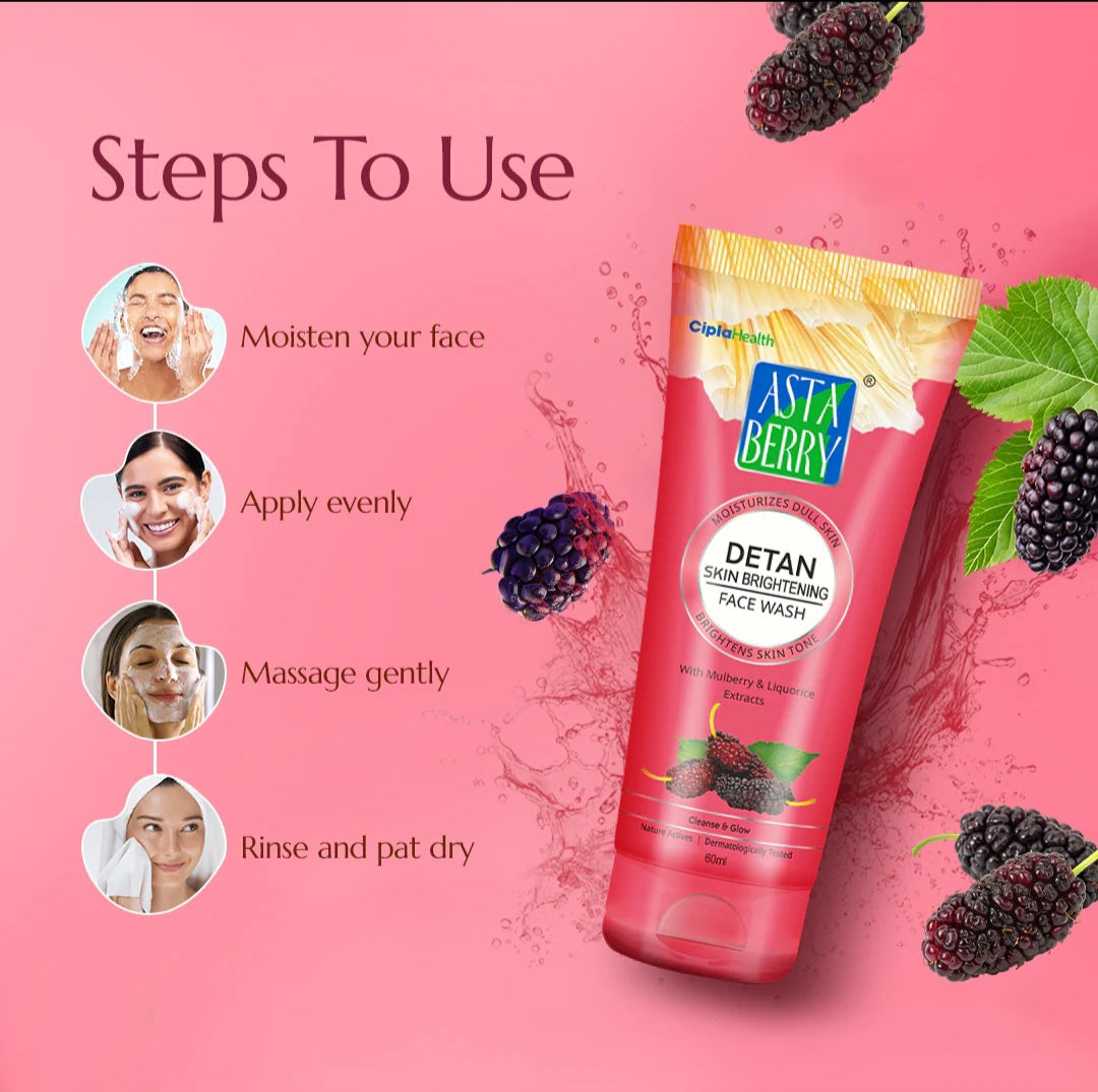 Face Wash- Asta Berry DETAN Skin Whitening Face Wash with Mulberry & Liquorice Extracts for Clean & Glowing Skin 100ml