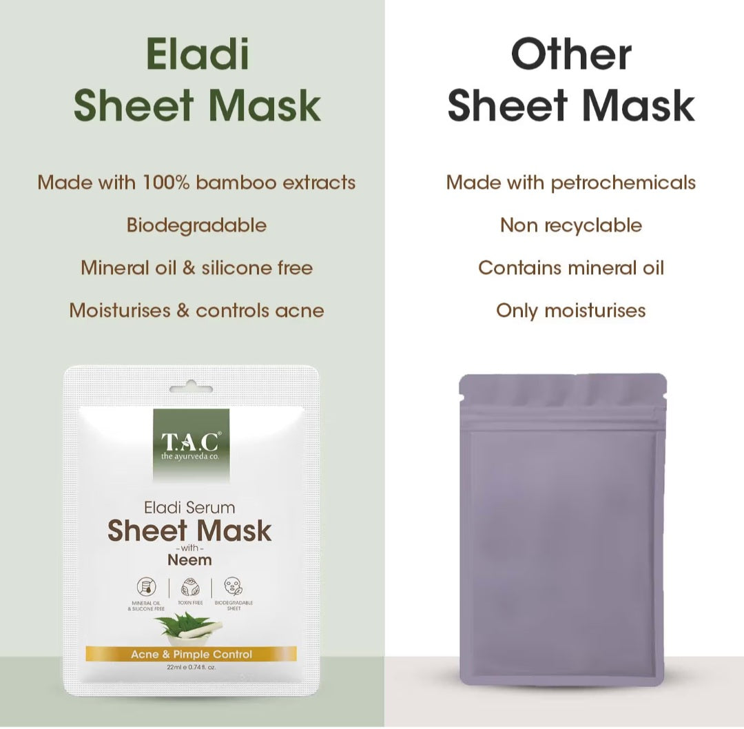 Face Sheet Mask- TAC Ayurveda's Eladi Serum Sheet Mask with Power of Neem which Controls Acne & Pimple 22ml