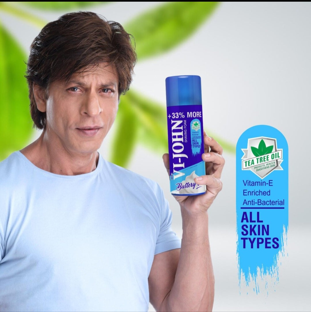 Shaving Foam- Vi-John Buttery Cool Shaving Foam enriched with Vitamin-E & Anti-Bacterial Goodness of Tea Tree Oil, Suitable for All Skin Types - 400gm (300gm +100gm Free)