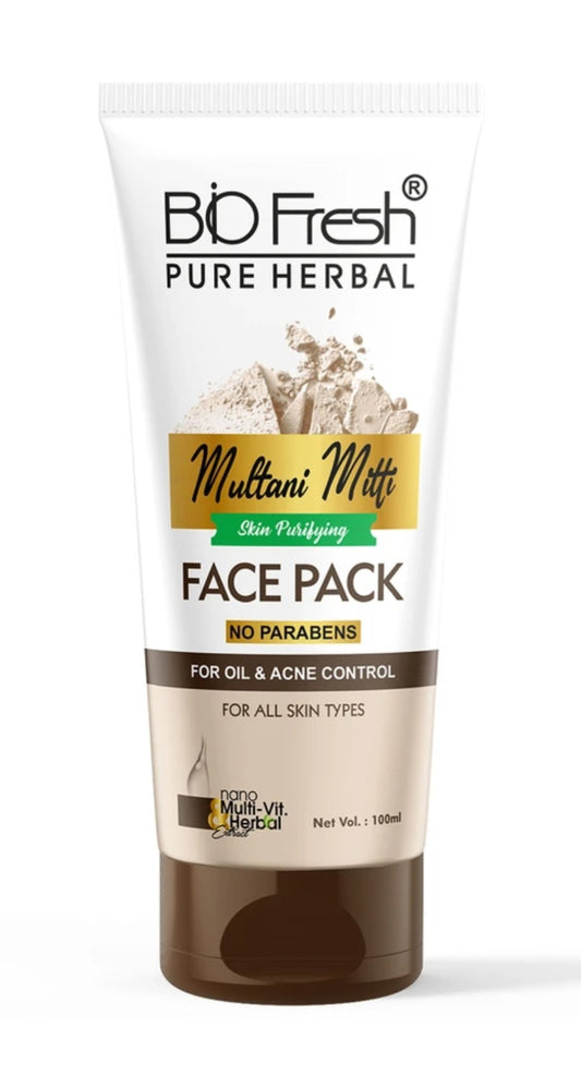 Face Pack & Sleeping Mask- BioFresh Pure Herbal Multani Mitti Skin Purifying Face Pack For Oil & Acne Control 100ml