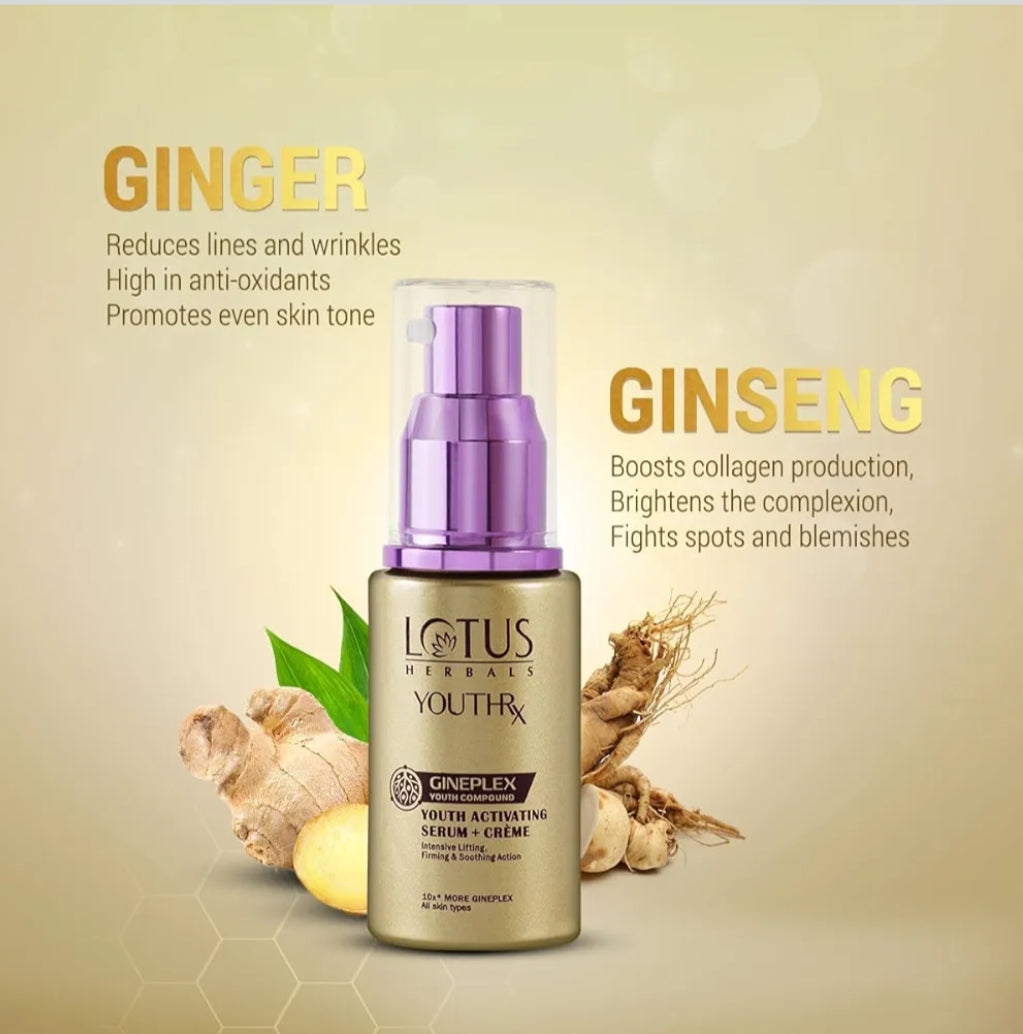 Brightening & Glowing Cream- LOTUS Herbal's YouthRx GINEPLEX Youth Activating Serum+Creme with 10X more Ginplex for Better & Faster Results and Suitable for All Skin Types - 30ml