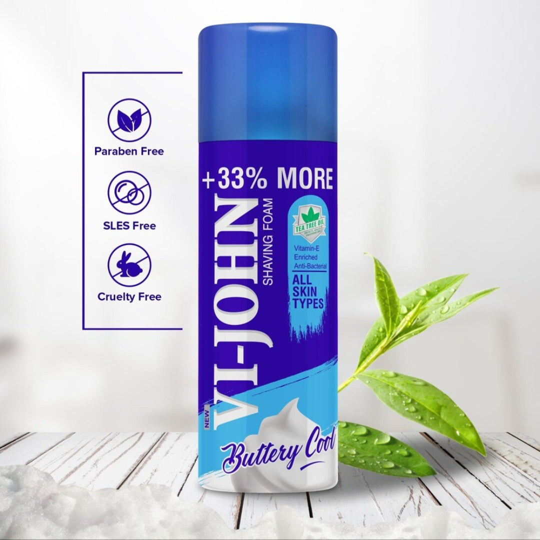 Shaving Foam- Vi-John Buttery Cool Shaving Foam enriched with Vitamin-E & Anti-Bacterial Goodness of Tea Tree Oil, Suitable for All Skin Types - 400gm (300gm +100gm Free)