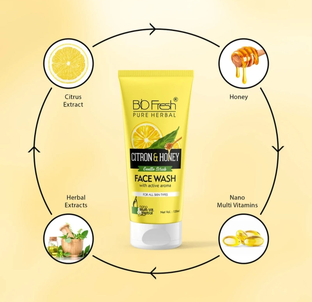 Face Wash- BIO-FRESH Pure Herbal's Gentle Scrub CITRON & HONEY Face Wash with Active Aroma and Nano Multi-Vit Herbal Extract for All Skin Types 120ml