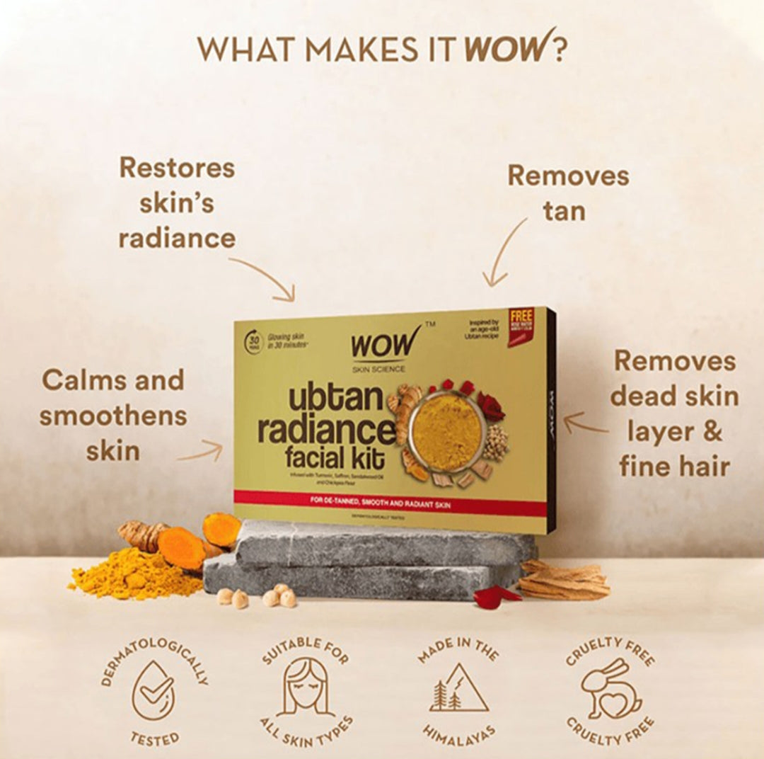 Facial Kit- WOW Ubtan Radiance Facial Kit infused with Turmeric, Saffron, Sandalwood Oil and Chickpea Flour for De-Tanned, Smooth and Radiant Skin - 60ml (6 units x 10ml)