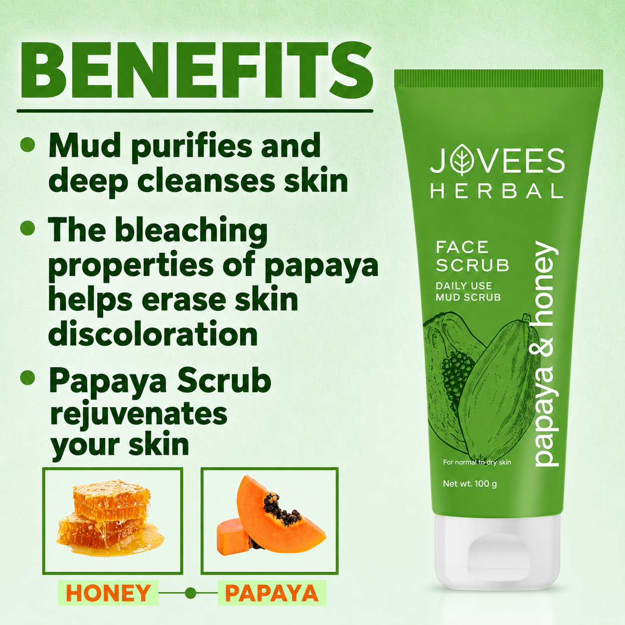 Face Scrub- JOVEES Herbal's Papaya & Honey Face Mud Scrub suitable for Normal to Dry Skin - 50gm