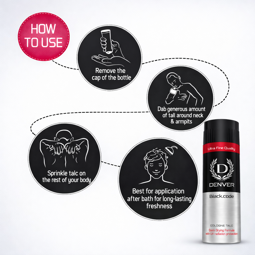 Face & Body Powder- DENVER Black.Code Ultra Fine Quality Cologne Talc with Quick Drying Formula & UV Radiation Protection - 300gm