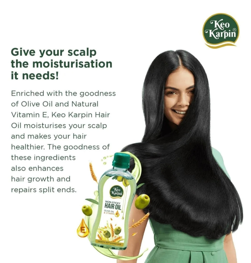Hair Oil- Keo Karpin Lightweight & Non-Sticky Hair Oil with Olive Oil & Vitamin-E for Smooth, Soft and Shiny Hairs - 100ml