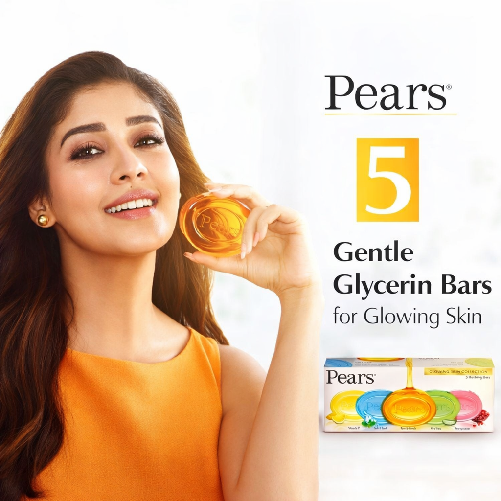 Bathing Soap- Pears Glowing Skin Collection of 5 Bathing Bars (1. Vitamin-C, 2. Soft & Fresh, 3. Pure & Gentle, 4. Aloe Vera and 5. Pomegranate) enriched with 98% Pure Glycerin and Natural Oils - 625gm (125gm x 5)