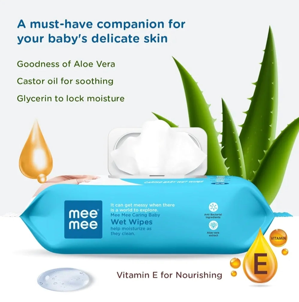 Wipes- mee mee Caring Baby Wet Wipes with Aloe Vera (for Goodness), Castor Oil (for Soothing) and Glycerine (to Lock Moisture) Pack of 72 Pieces