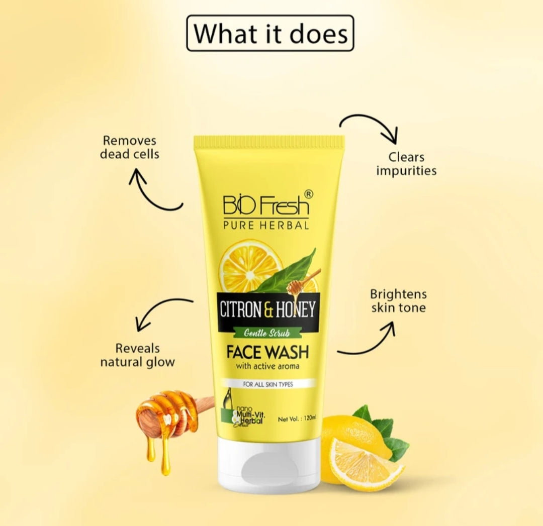 Face Wash- BIO-FRESH Pure Herbal's Gentle Scrub CITRON & HONEY Face Wash with Active Aroma and Nano Multi-Vit Herbal Extract for All Skin Types 120ml
