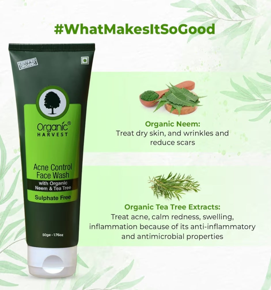 Face Wash- Organic Harvest's Sulphate Free Acne Control Face Wash with Organic Neem & Tea Tree - 50ml