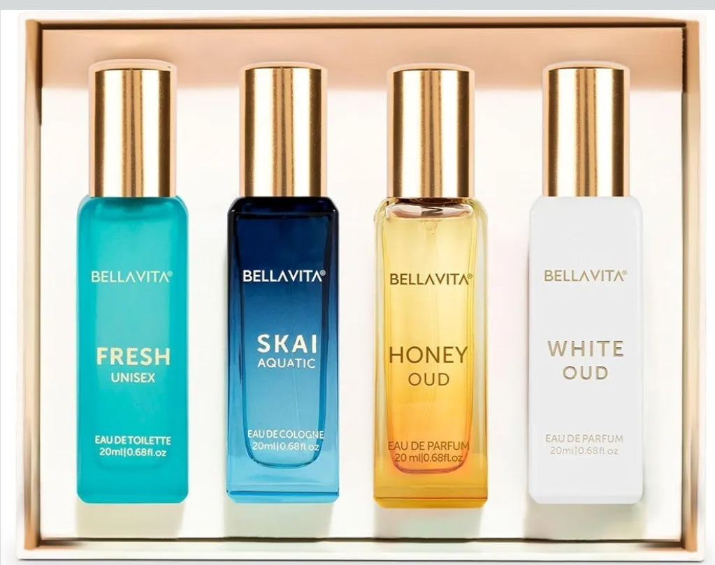 Perfumes & Deodorants- Bella Vita Luxury Long Lasting Unisex Perfume Gift Set 20mlx4 (SKAI, FRESH, WHITE OUD, HONEY OUD) for Man & Woman.