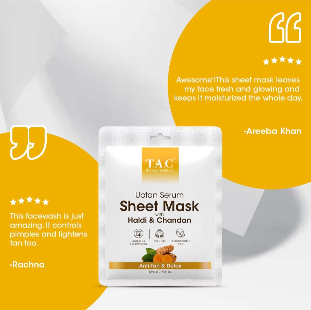 Face Sheet Mask- TAC Ayurveda's Ubtan Serum Sheet Mask with Haldi & Chandan for DeTan & Detox the Skin 22ml