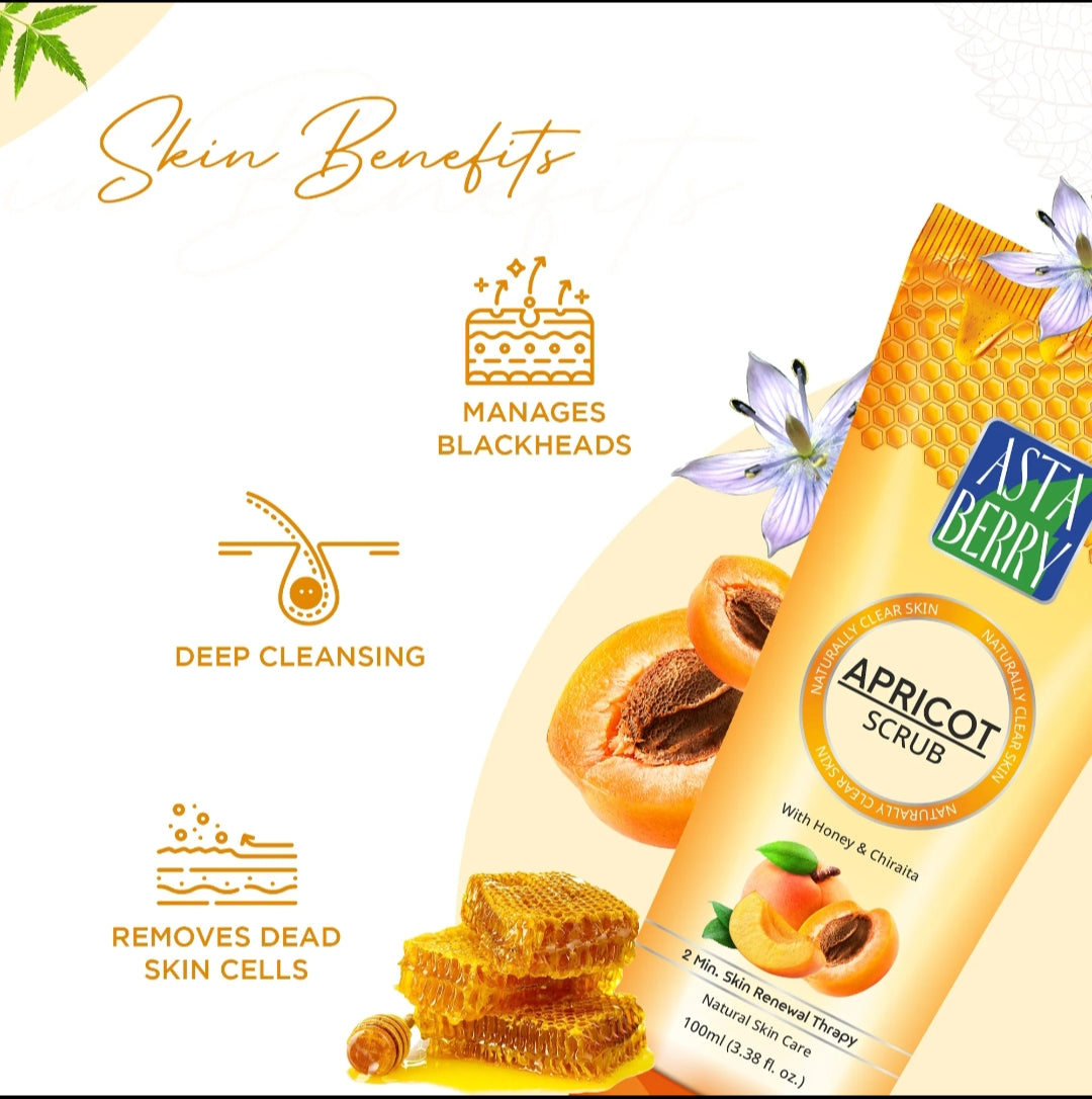 Face Scrub- Asta Berry (2 minutes Skin Renewal Therapy) Apricot Scrub with Honey, Chirchita and Walnut. Dermatologically Tested Natural Skin Care 50ml