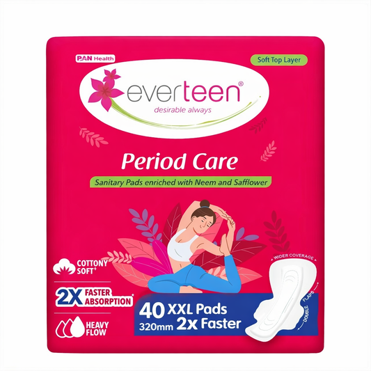 Sanitary Pads- Everteen Period Care Cottony Soft Sanitary Pads enriched with Neem & Safflower with 2X Faster Heavy Flow Absorption - Pack of 40 XXL Pads (320mm with Double Flaps)