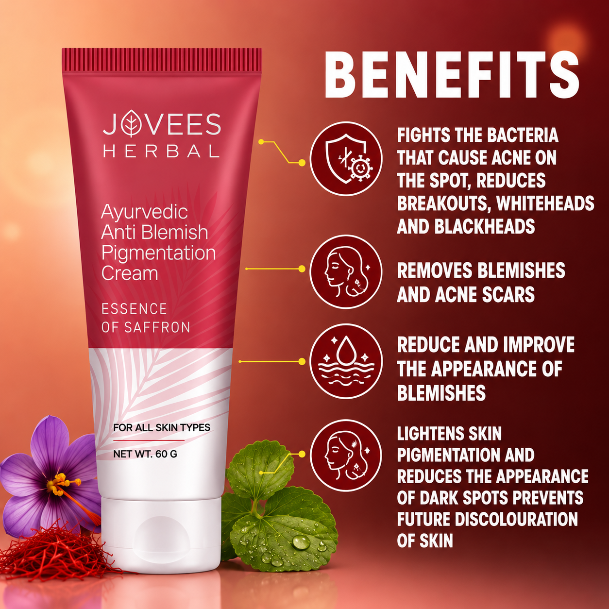 Face Treatment Cream- JOVEES Herbal's Ayurvedic Anti-Blemish Pigmentation Cream enriched with Saffron which Reduces Pigmentation and is suitable for All Skin Types - 60gm