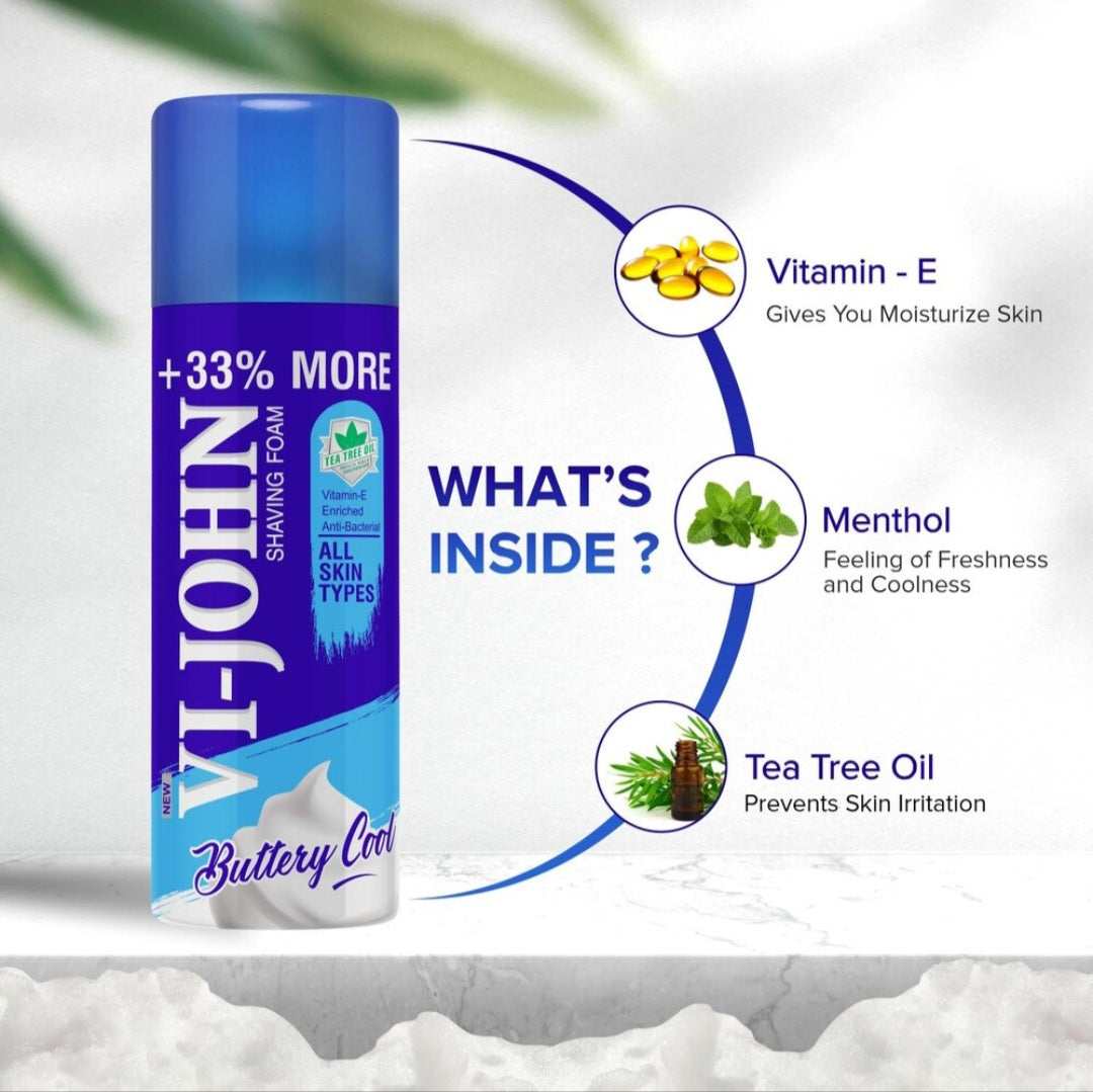 Shaving Foam- Vi-John Buttery Cool Shaving Foam enriched with Vitamin-E & Anti-Bacterial Goodness of Tea Tree Oil, Suitable for All Skin Types - 400gm (300gm +100gm Free)