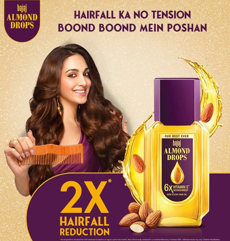 Hair Oil- Bajaj Almond Drops 6x Vitamin-E Nourishment Non-Sticky Hair Oil which Reduces Hair Fall and Increases Hair Shine - 35ml