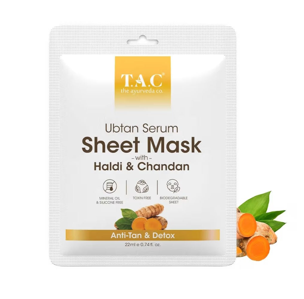Face Sheet Mask- TAC Ayurveda's Ubtan Serum Sheet Mask with Haldi & Chandan for DeTan & Detox the Skin 22ml