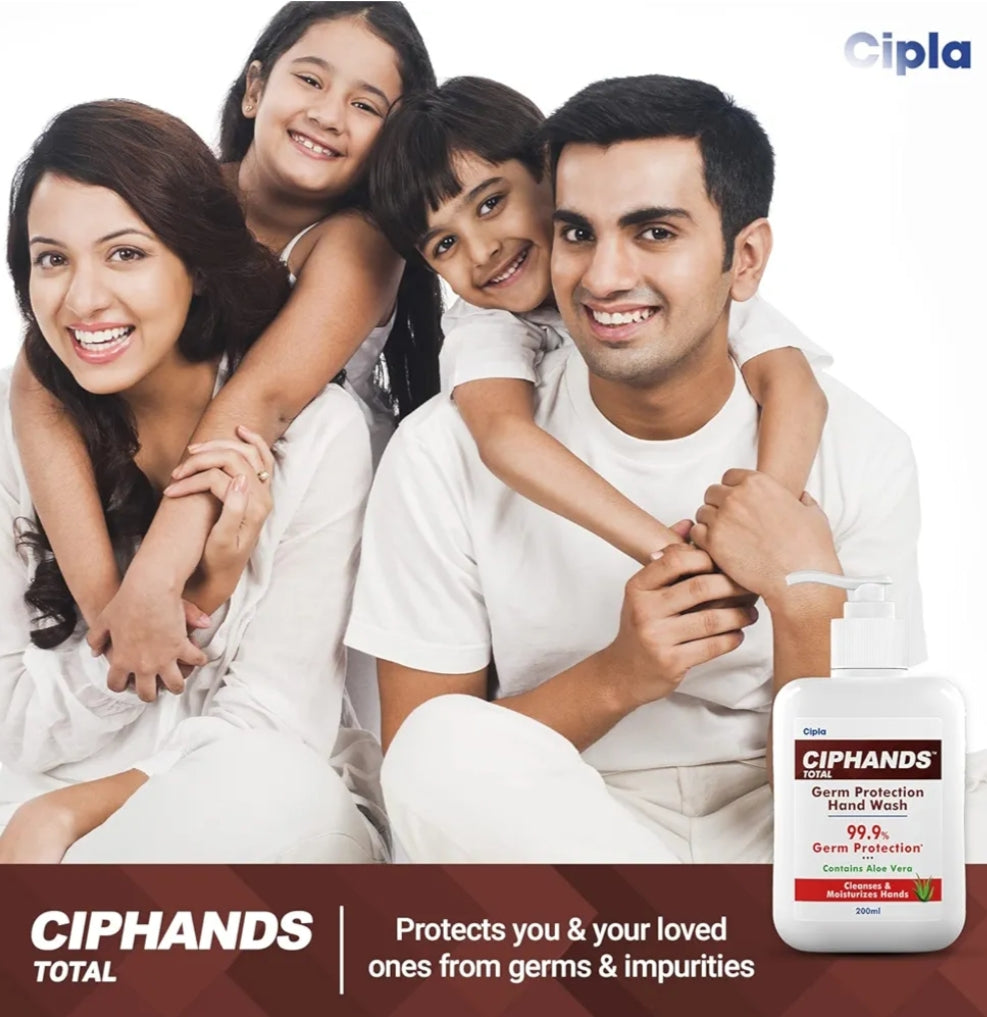 Hand Wash- Cipla's CIPHANDS Total Germ Protection Hand Wash enriched with Aloe Vera which Cleanses & Moisturizes your hands upto 99.9% - 200ml