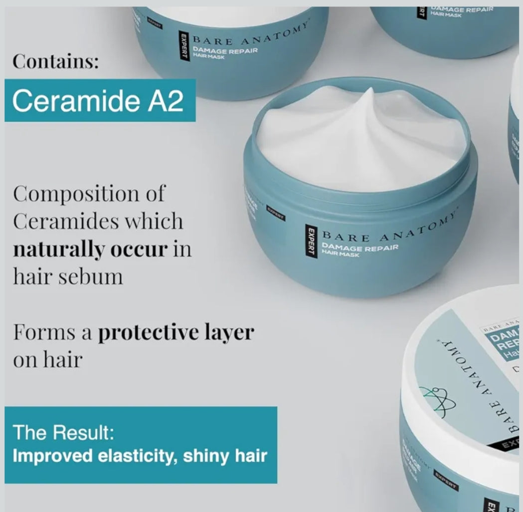 Hair Mask- Bare Anatomy EXPERT Damage Repair Mask with Ceramide A2 and Coconut Milk Protein. Designed to repair and strengthen damaged hair, provides 3x strengthening and improves texture & shine - 250gm