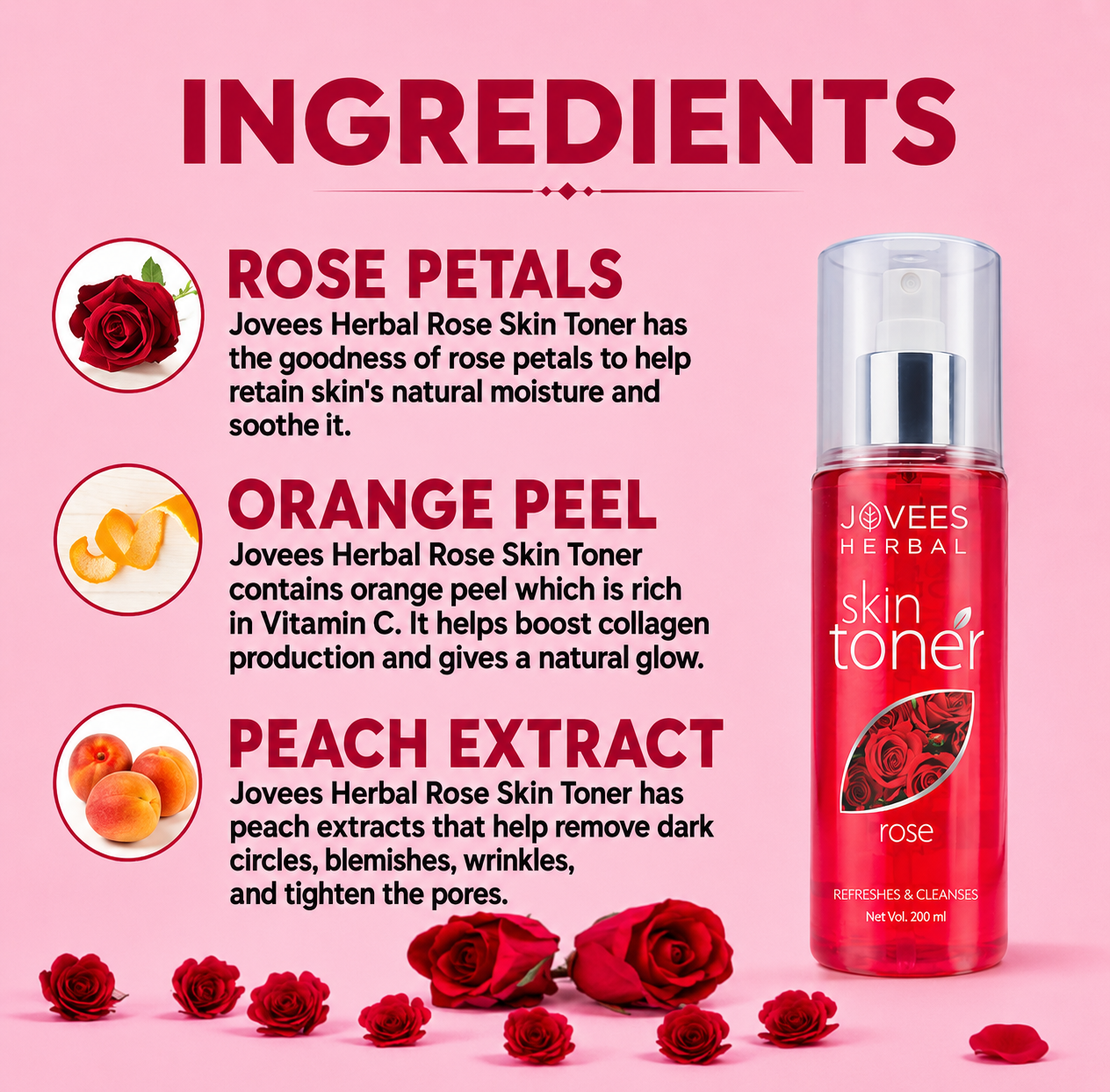 Skin Toner- JOVEES Herbal's Rose Skin Toner which Refreshes & Cleanses Naturally - 100ml