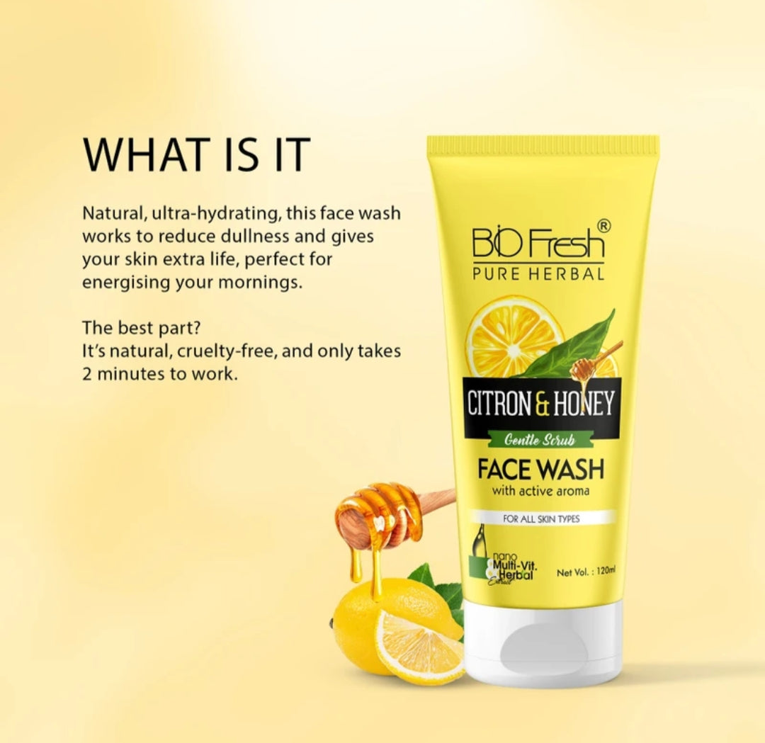 Face Wash- BIO-FRESH Pure Herbal's Gentle Scrub CITRON & HONEY Face Wash with Active Aroma and Nano Multi-Vit Herbal Extract for All Skin Types 120ml