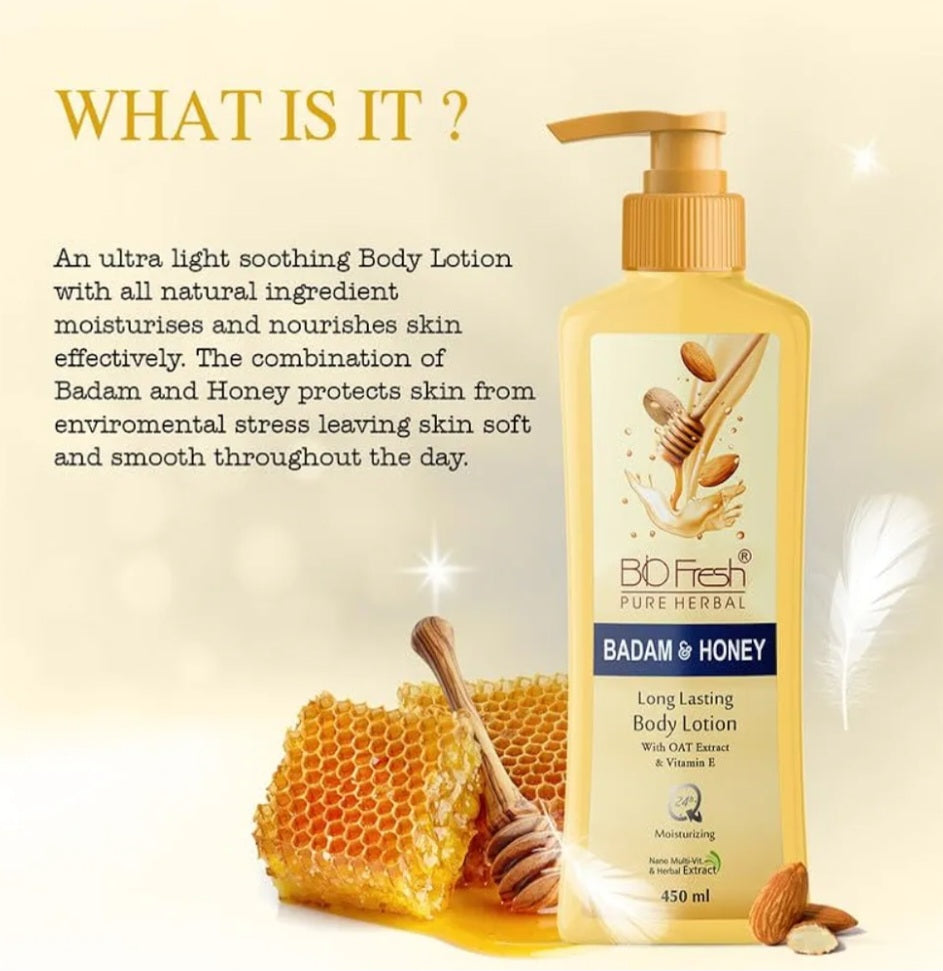 Lotions & Moisturizers- BIO FRESH HERBAL'S Badam & Honey Non-Sticky & Skin Hydrating BodyLotion (24-Hour Moisturizing) 450ml