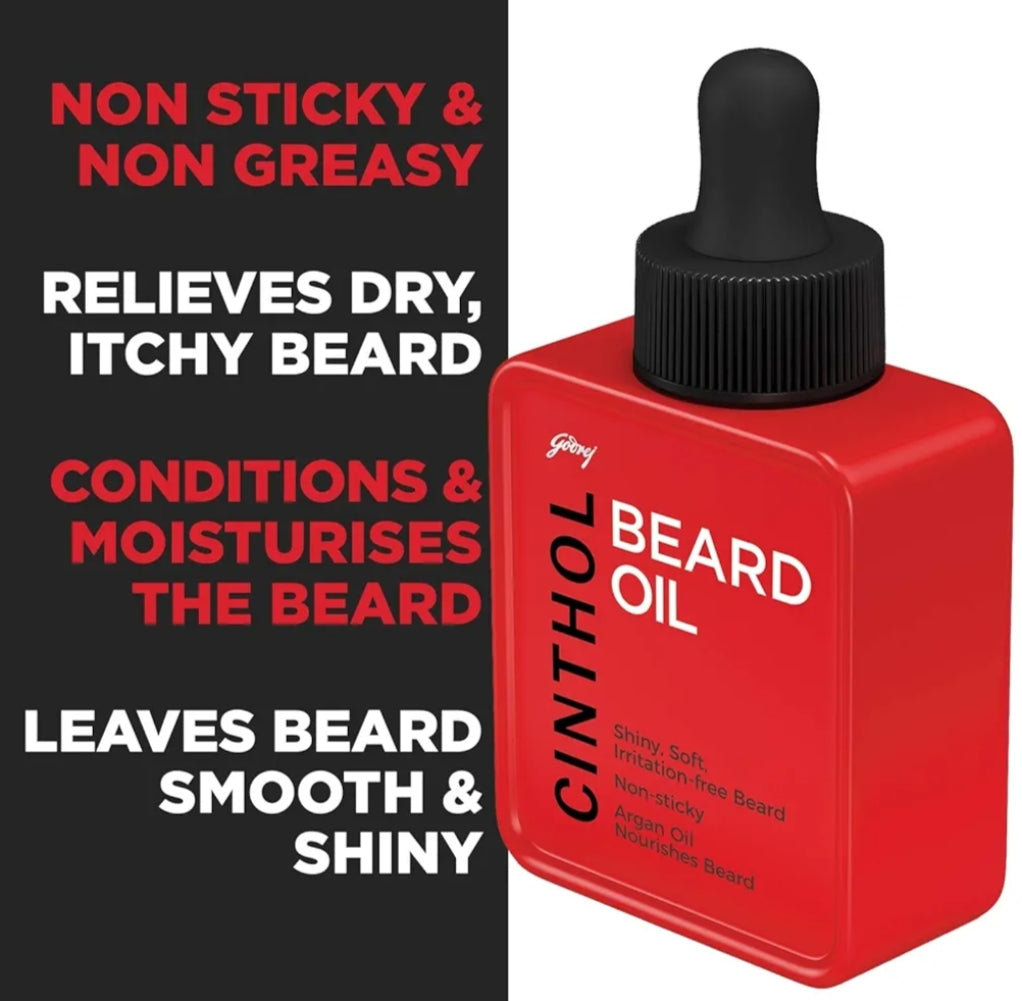 Men's Shaving, Styling and Grooming- Godrej Cinthol Non-Sticky Beard Oil enriched with Argan Oil which Nourishes, Moisturizes and gives you Shiny, Soft & Irritation-Free Beard 35ml