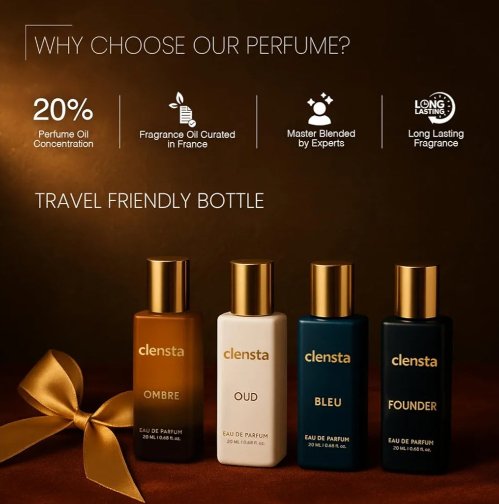 Perfumes and Deodorants- Clensta Luxury Collection Perfumes Gift Set with 1. Oud, 2. Ombre, 3. Bleu and 4. Founder Fragrances - 80ml (Pack of 4×20ml)