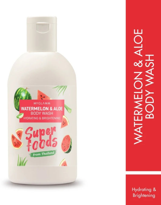 Body Wash & Shower Gel- MYGLAMM Super Foods Watermelon & Aloe Body Wash for Hydrating & Brightening with a Rich Fragrance - 250ml