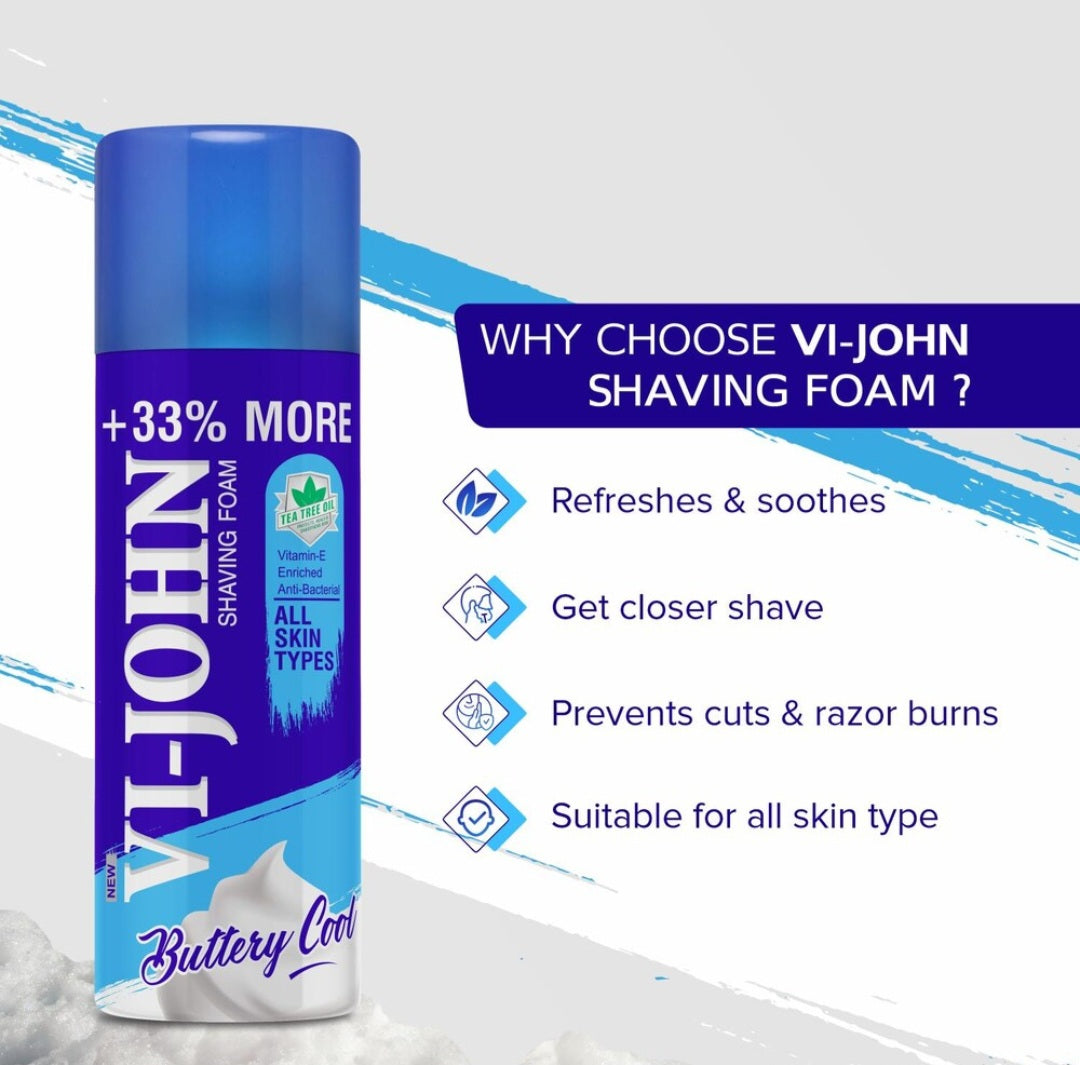 Shaving Foam- Vi-John Buttery Cool Shaving Foam enriched with Vitamin-E & Anti-Bacterial Goodness of Tea Tree Oil, Suitable for All Skin Types - 400gm (300gm +100gm Free)
