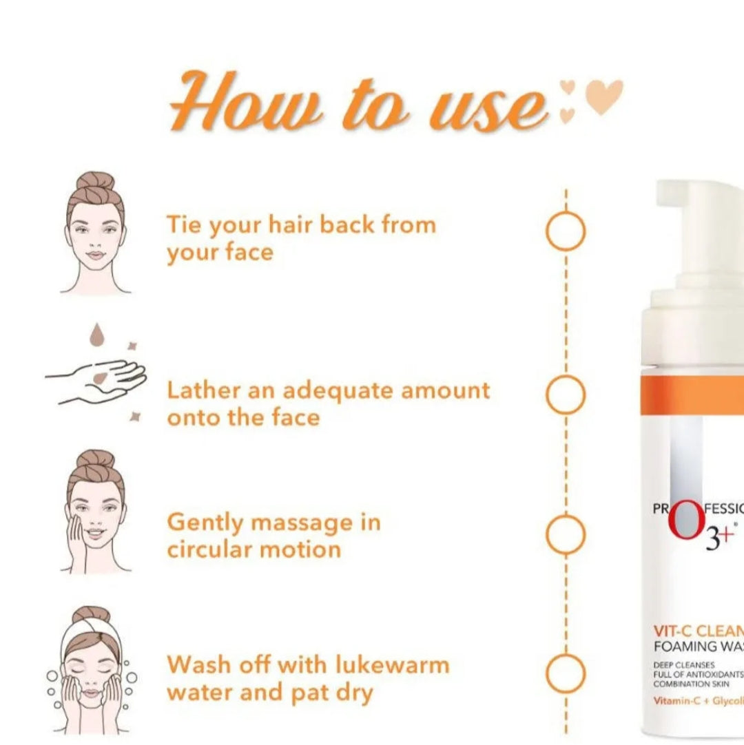 Face Wash- Professional O3+ Vitamin-C Deep Cleansing Foaming Face Wash with Glycolic Acid which is Full of Antioxidants and Suitable for Combination Skin 150ml