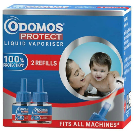 Protection from Insects and Repellents- ODOMOS Protect Liquid Vaporiser with 100% Protection from Mosquitos. A set of 2 Refills which Fits in All Machines - 90ml (2x45ml)