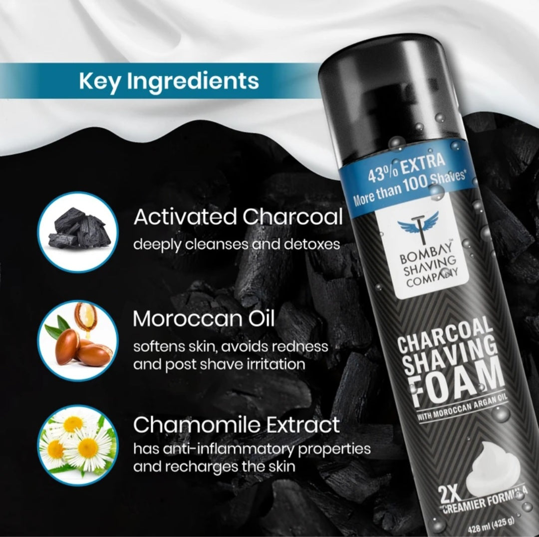 Shaving Foam- Bombay Shaving Company's Charcoal Shaving Foam enriched with Moroccan Argan Oil (2X Creamier Formula) - 425gm (including 43% Extra Free)