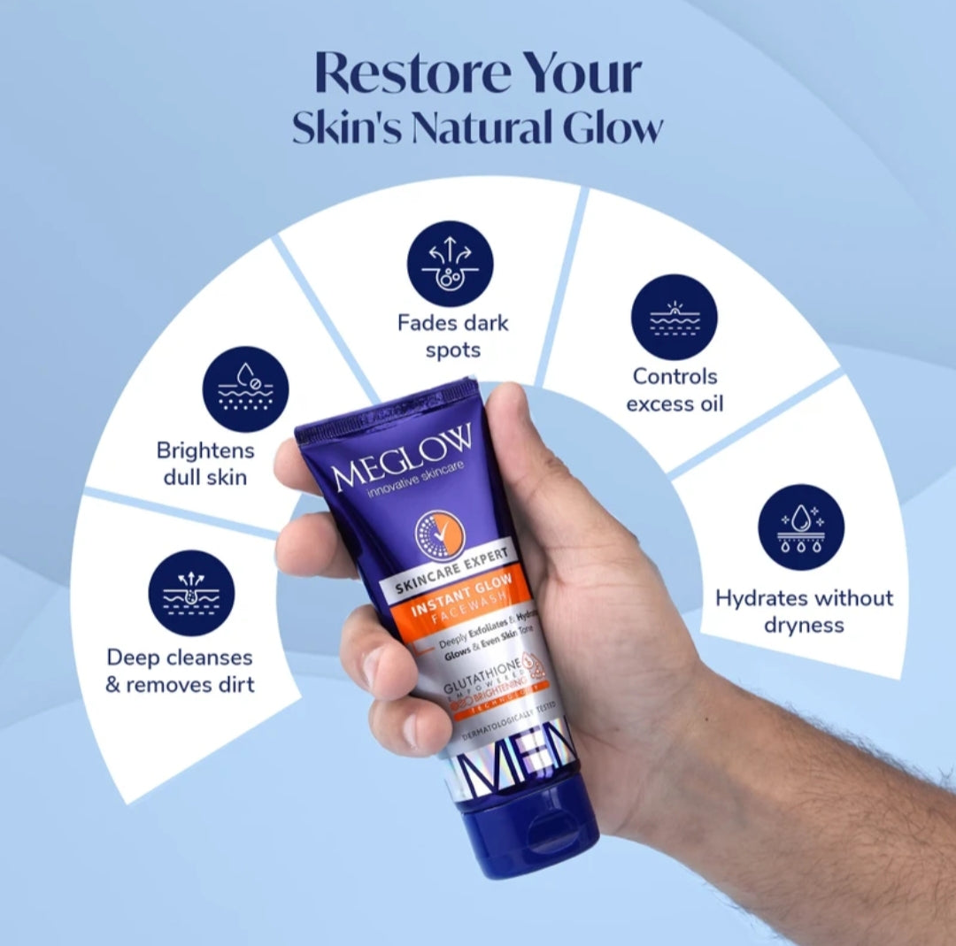 Face Wash- MEGLOW Instant Glow Skin Brightening Glutathione Empowered Face Wash for Men which Deeply Exfoliates & Hydrates 70gm