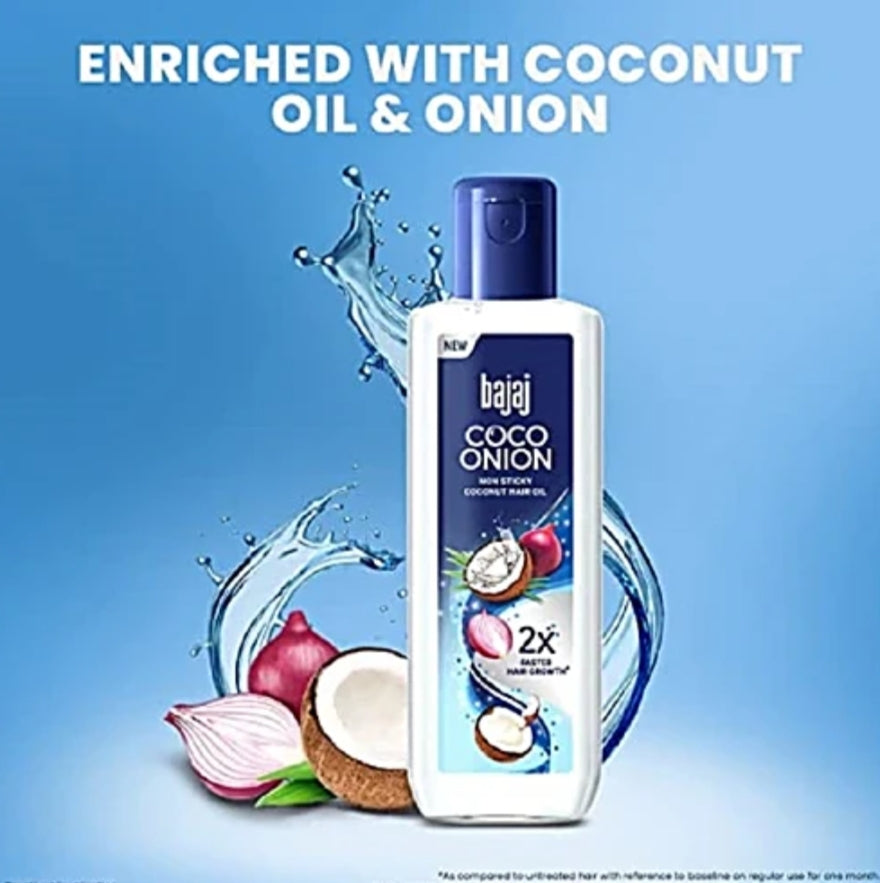 Hair Oil- New Bajaj Coco Onion Non-Sticky Hair Oil which Provides Nourishment to the Scalp and Promote 2x faster hair growth - 180ml